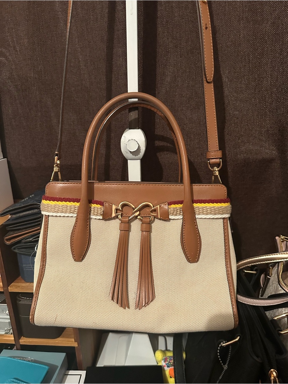 kate spade Cream and Tan Top-Handle Satchel with Red & Yellow Trim